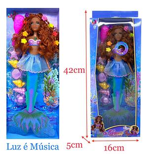 Brinquedo de Boneca Sereia Morena com acessorios luz e som