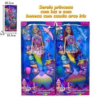 Brinquedo sereia princesa com luz e som boneca com cauda arco iris