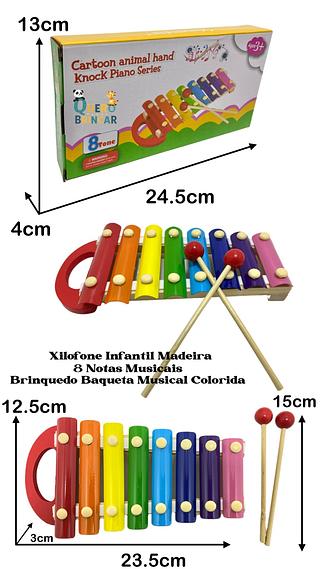 Xilofone Infantil Madeira 8 Notas Musicais Brinquedo Baqueta Musical Colorida