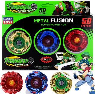 Kit 3 Beyblades Cromadas Metal Fusion Tornado Speed Top com Led