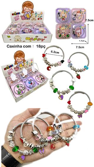 🗃️(caxinha com 18pç)Kit Pulseira infantil menina criança delicada com berloques e pingente