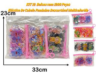 kit 12 bolsas com 1200pç elastico de cabelo feminino descartavel multicolorido