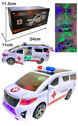 Brinquedo Ambulância carrinho gira 360° abre e fecha automaticamente a porta C/ Som E luz